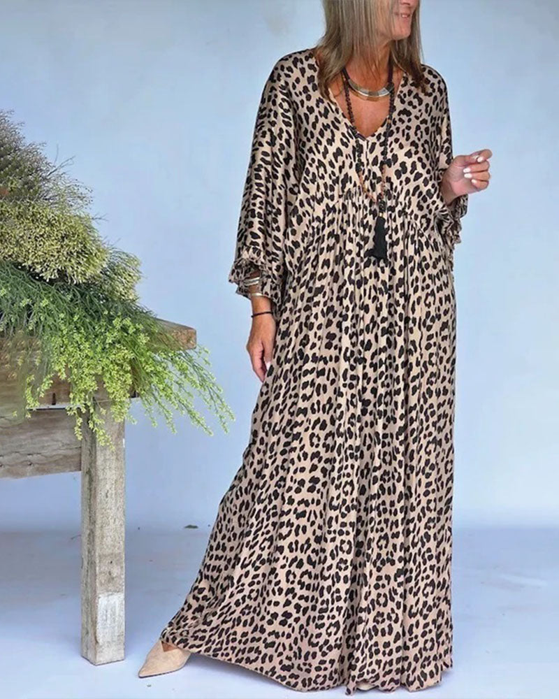 Leopard Print V-Neck Loose Casual Dress