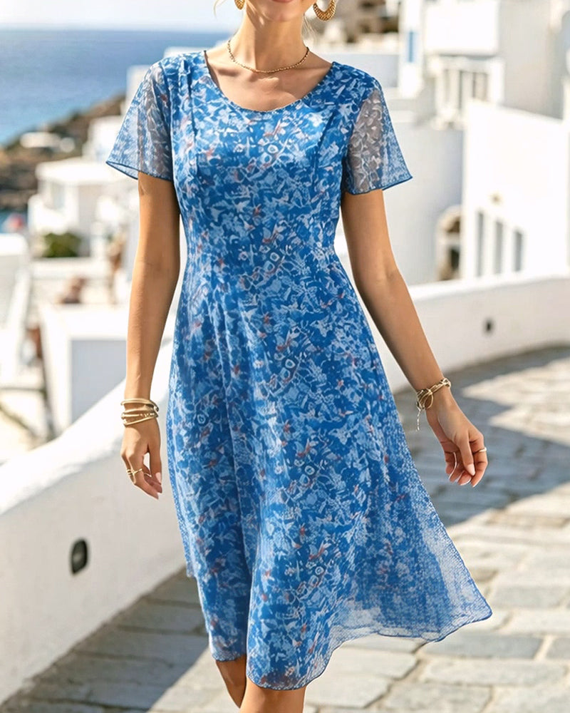Short Sleeve Floral A-Line Dress