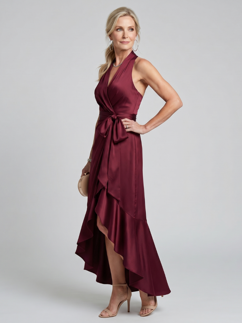 Halter Wrap Asymmetric Hem Midi Dress