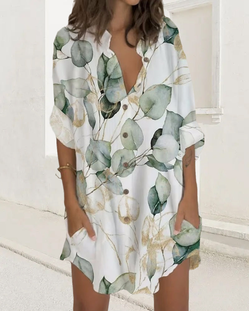 Buttoned Long Sleeve Dress with Pocket