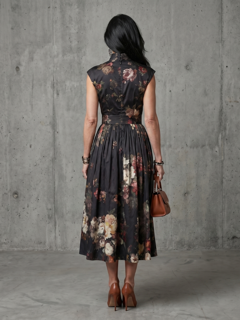 High-Neck Keyhole Floral Pleated Midi Dress