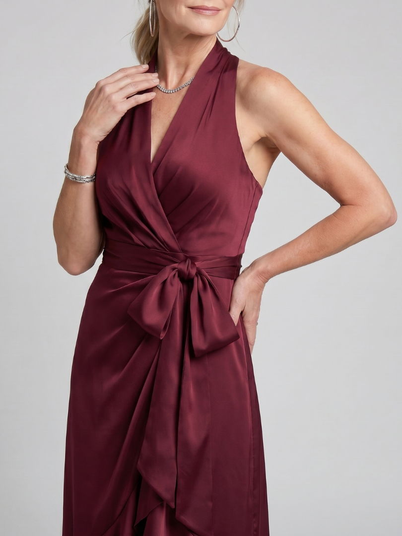 Halter Wrap Asymmetric Hem Midi Dress