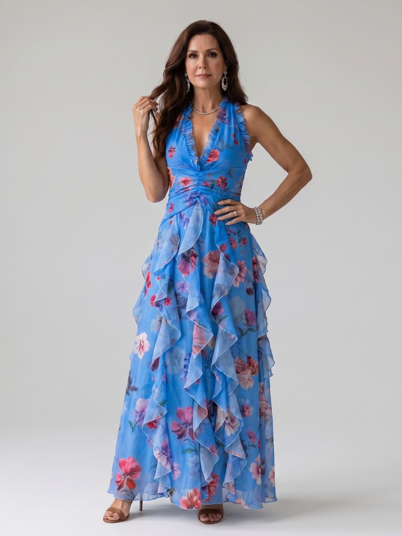 Floral Halter Ruched Bodice Maxi Dress