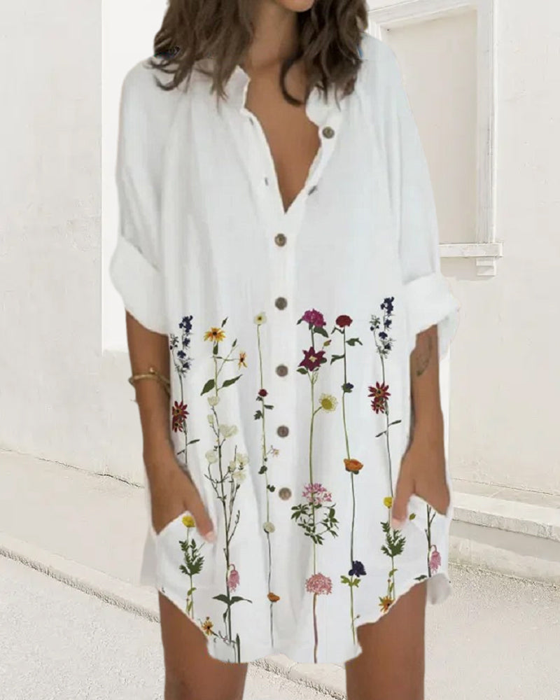 Buttoned Long Sleeve Dress with Pocket