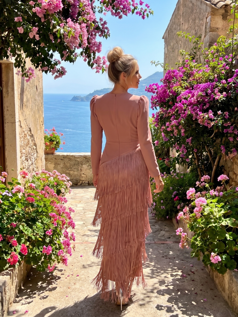 Ava | Long Sleeve Midi Dress with Tiered Fringe Skirt