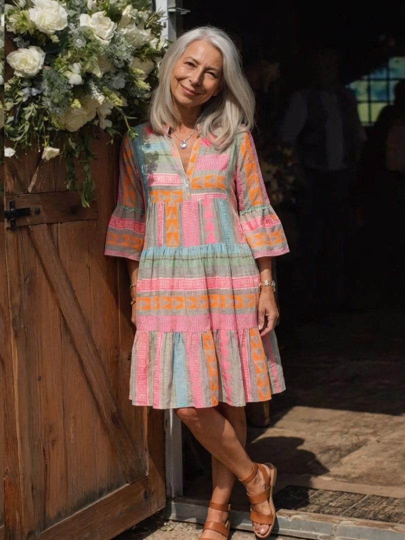 Maelle | Geometric Print V-Neck Tiered Dress in Knee-Length
