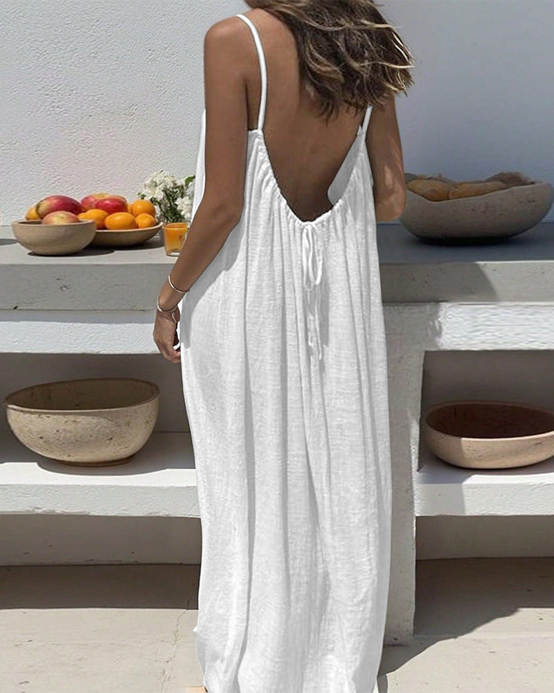 Solid Color Pleated Backless Spaghetti Strap Maxi Dress