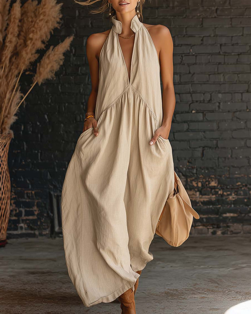 Sleeveless High Neck Solid Maxi Dress