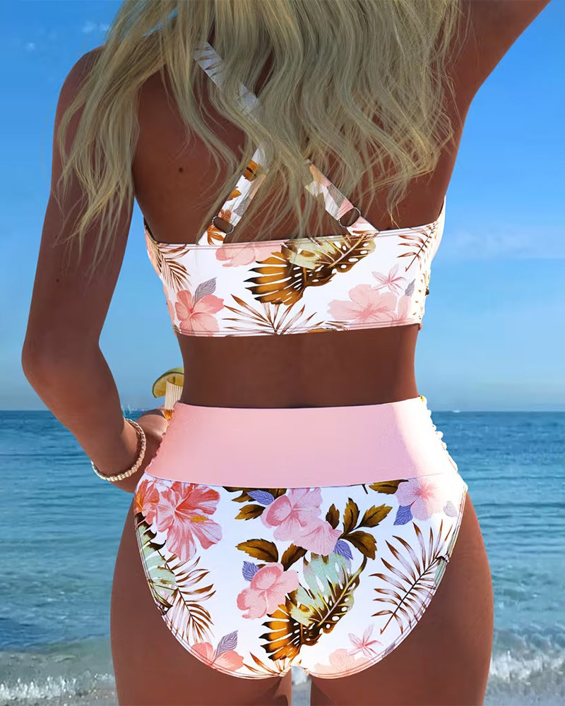 Bikini Contrast Floral Pattern Split