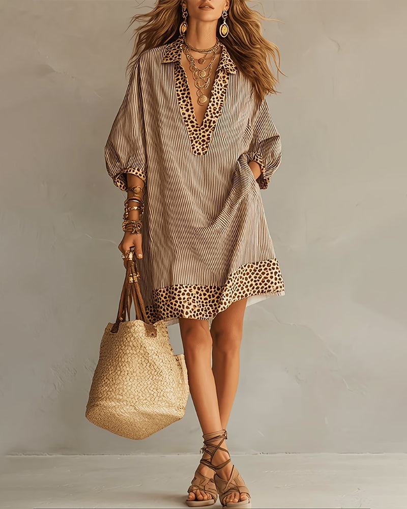 Leopard Print Panel Dress with Puff Sleeves