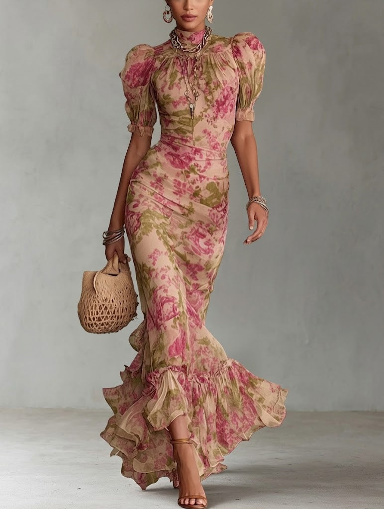Fiora - Long Dress with Vintage Rose Print and Puff Sleeves