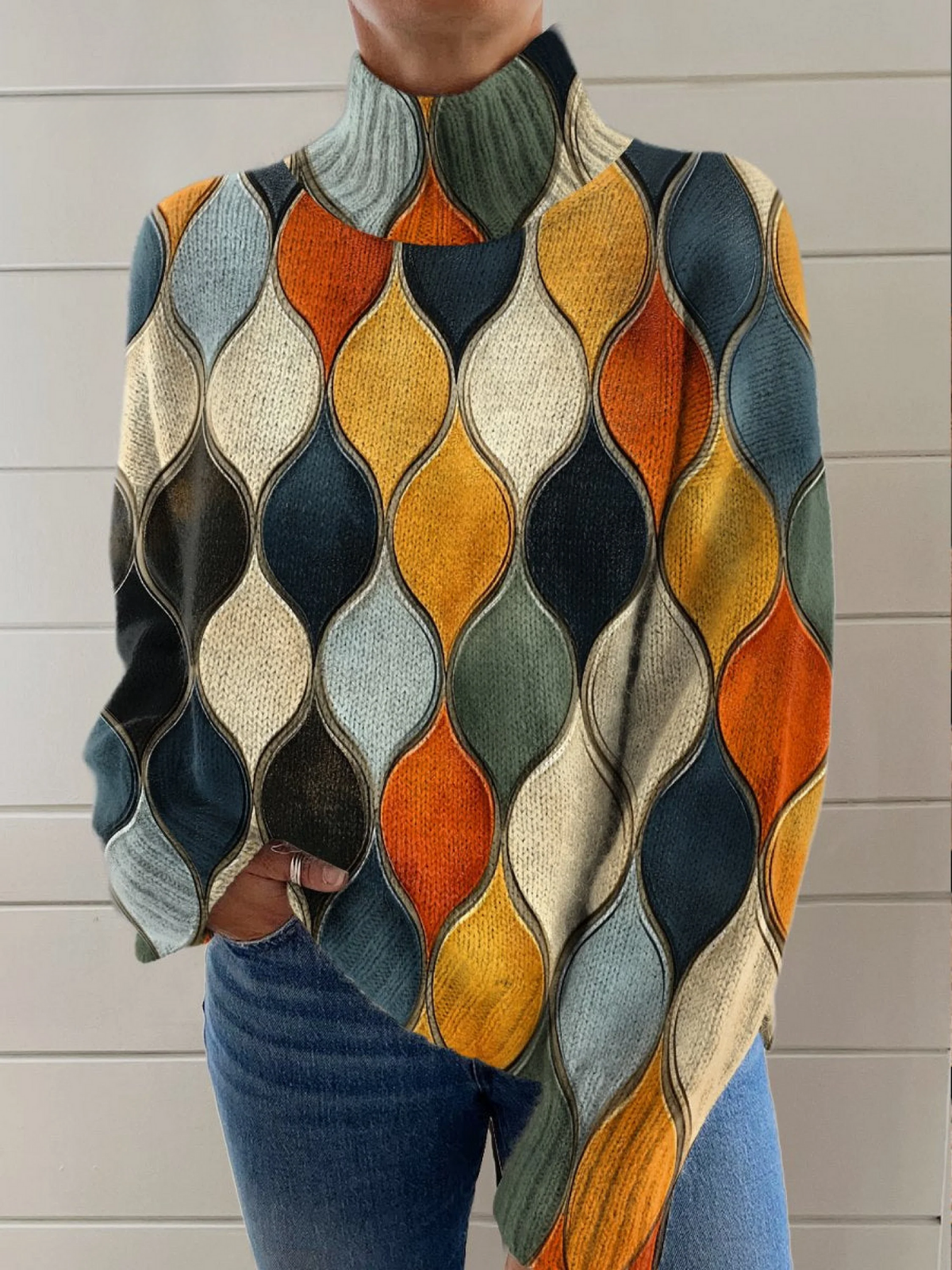 Abstract Wavy Pattern Knit Sweater