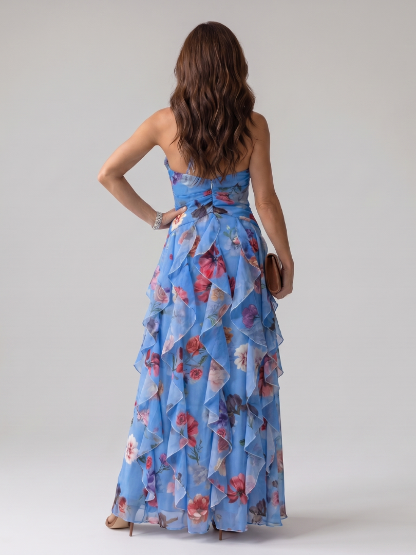 Floral Halter Ruched Bodice Maxi Dress