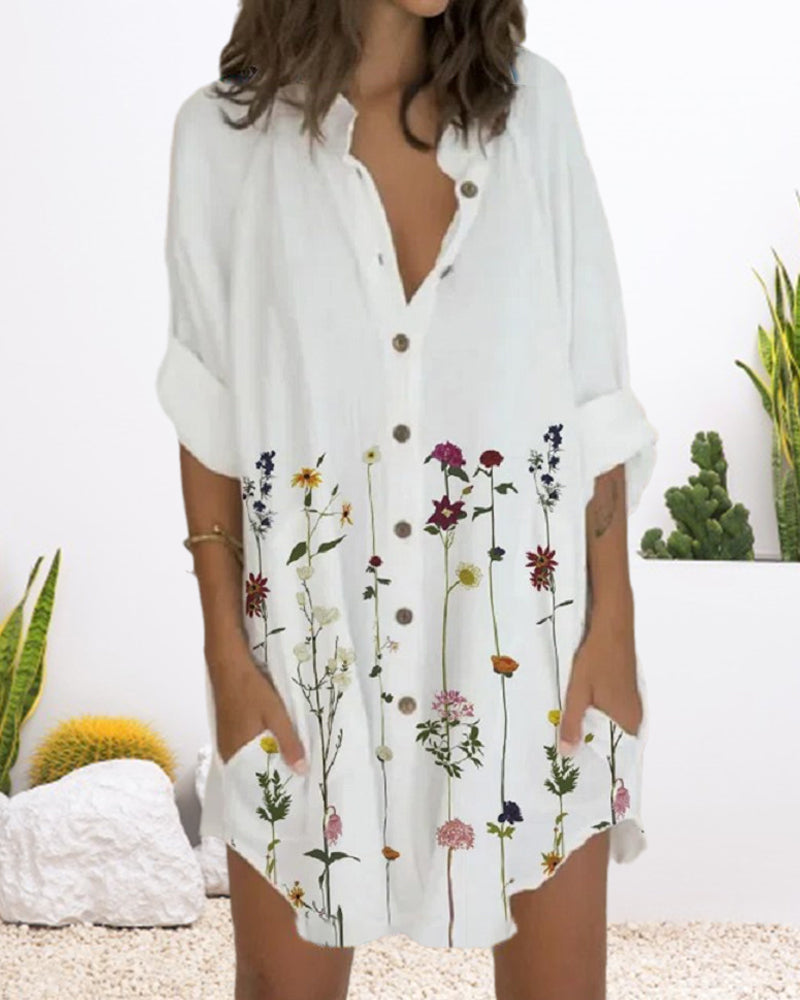 Buttoned Long Sleeve Dress with Pocket
