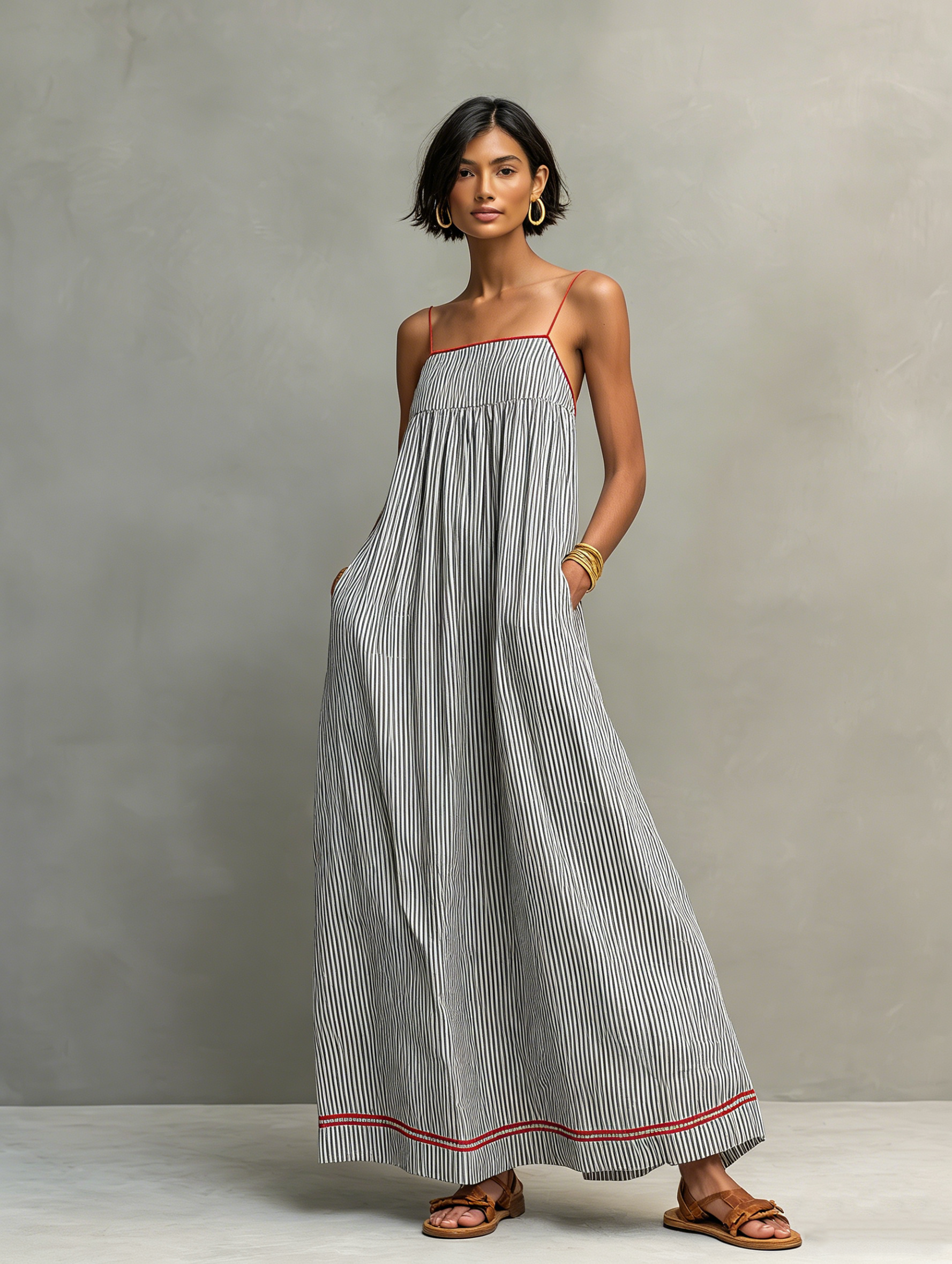 Monica | Striped Maxi Dress with Red Trim