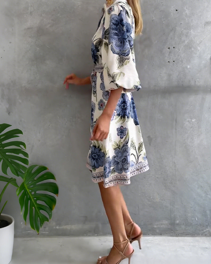 Lantern Sleeve Dress with Notched Collar Print