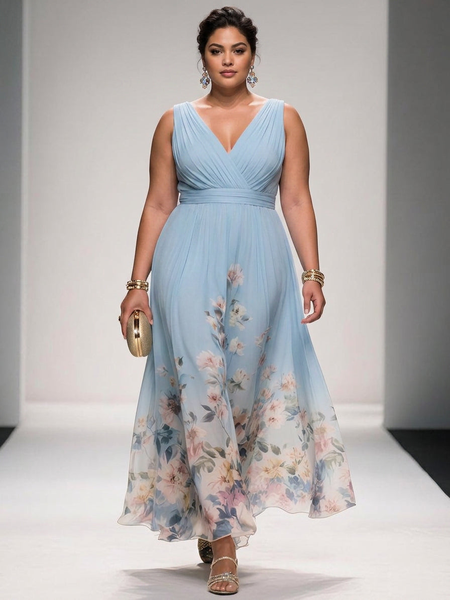 Rose | Light Blue Floral Chiffon V-Neck Maxi Dress