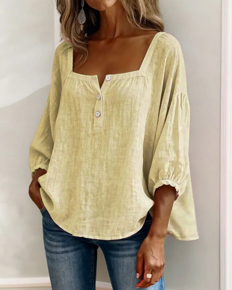 Harper | Cotton-Linen Square Collar Blouse