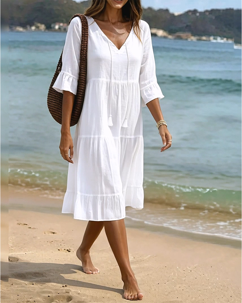 Flared Dress with Half Sleeves and Waist Tie