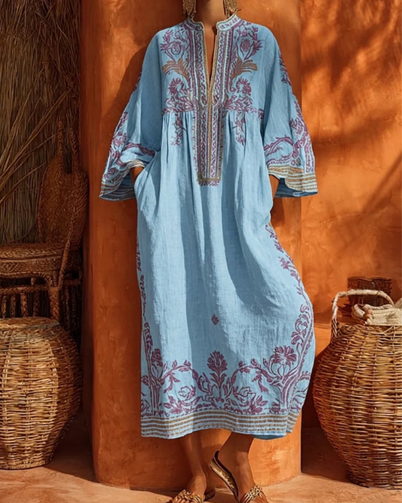 Ethnic Print V-Neck Dress Loose Fit