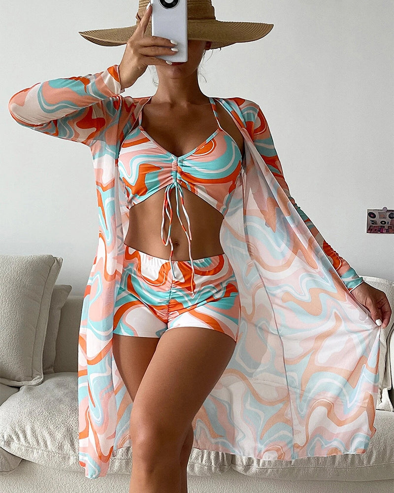 Monica | 3-Piece Printed Bikini Set with Long-Sleeve Cover-Up