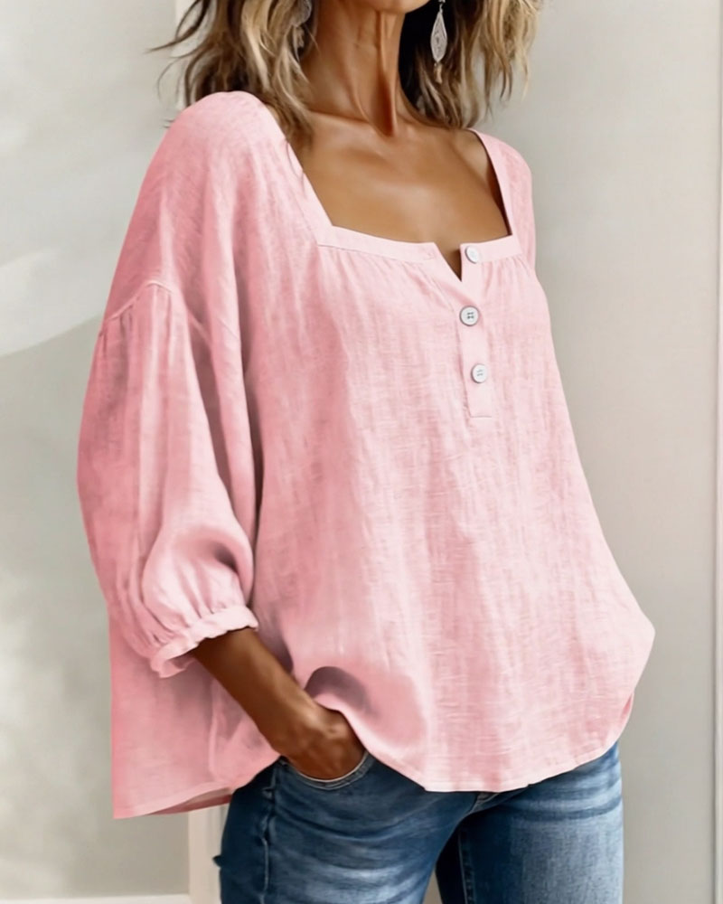Harper | Cotton-Linen Square Collar Blouse
