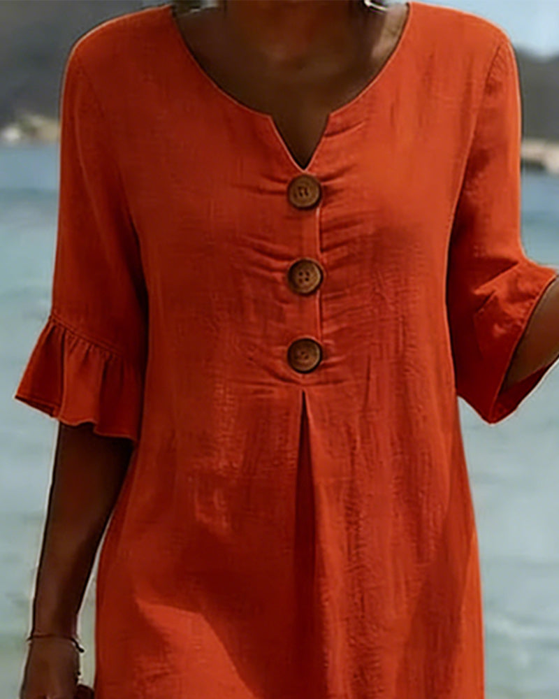 Button Dress with Ruffled Sleeves 100% Cotton