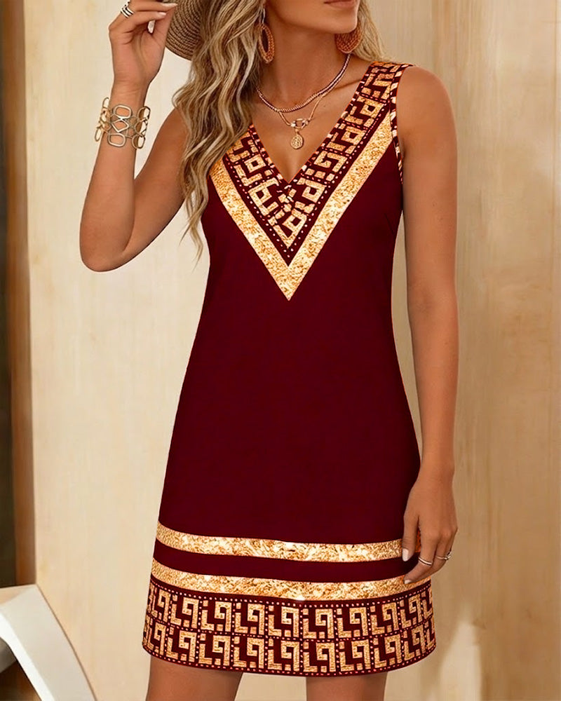 Sleeveless V-Neck Printed Placement Dress