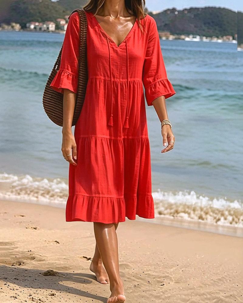 Flared Dress with Half Sleeves and Waist Tie