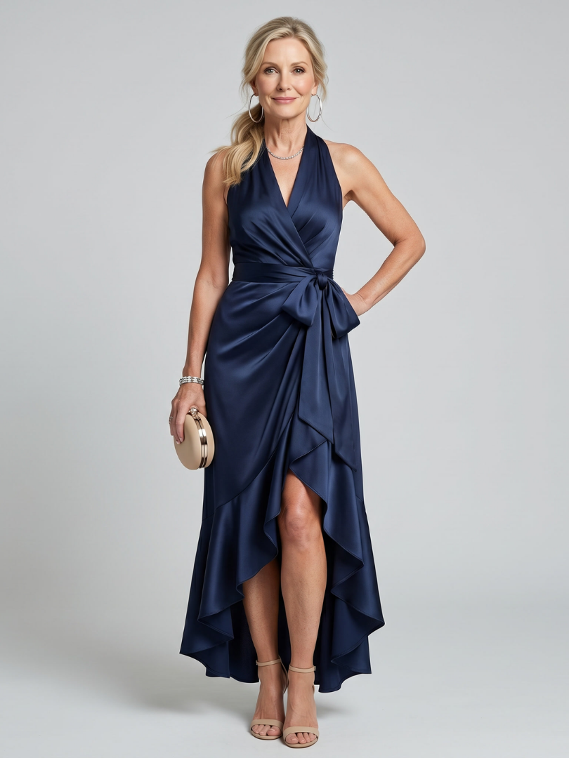 Halter Wrap Asymmetric Hem Midi Dress