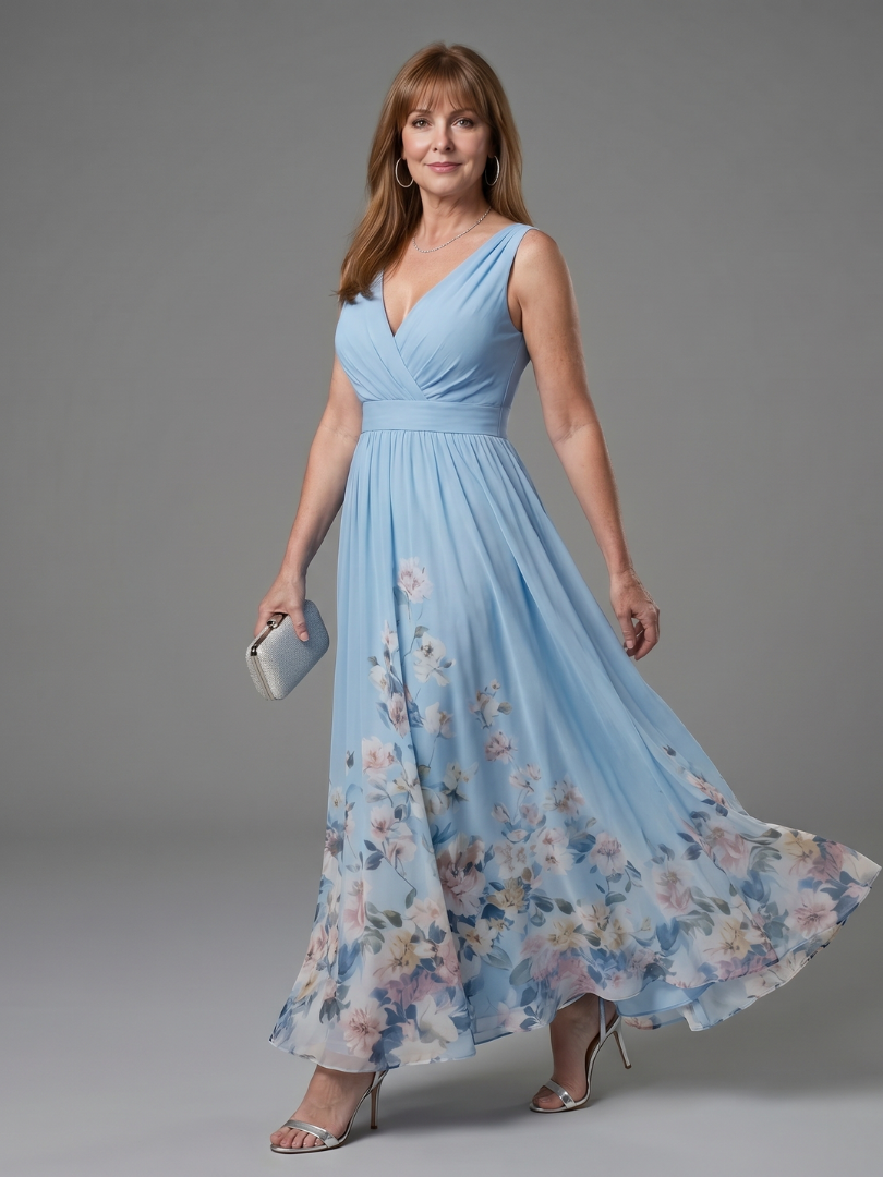 Floral-Hem Sleeveless V-Neck Midi Dress