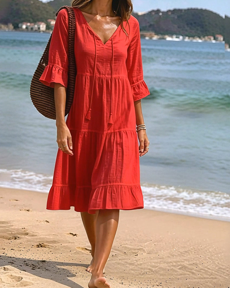 Flared Dress with Half Sleeves and Waist Tie