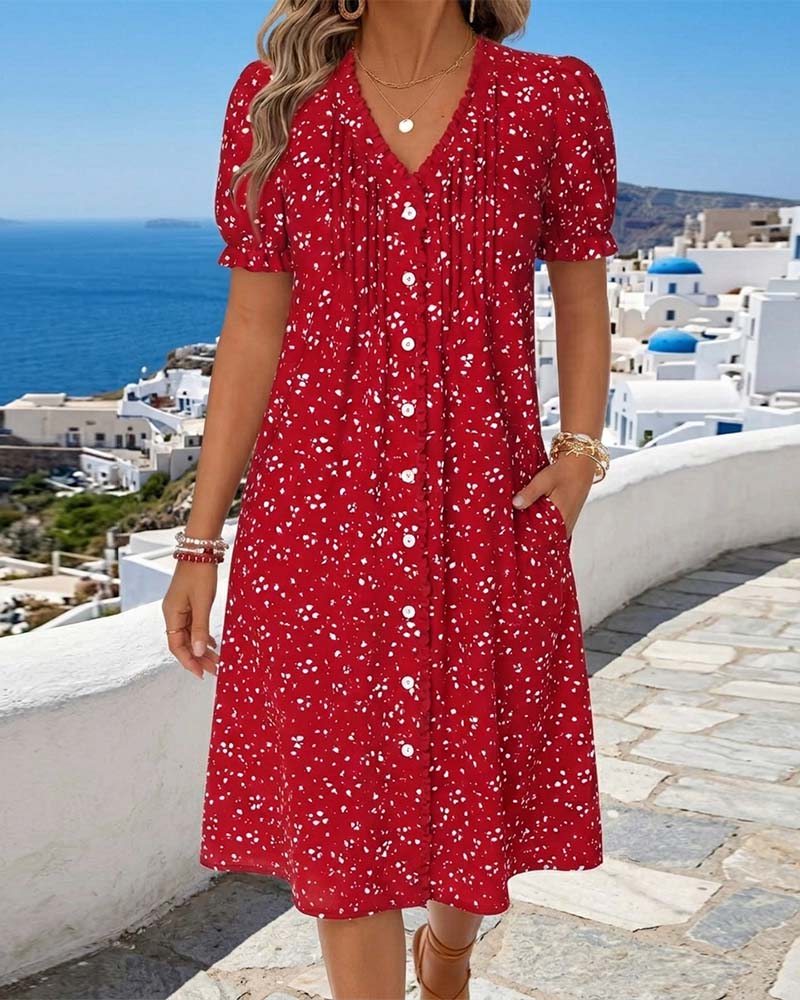 Floral Button-Down V-Neck Dress