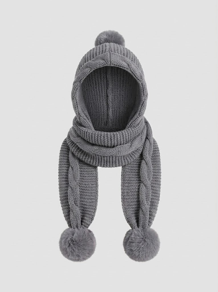 Women’s Knitted Hooded Scarf – Chunky Winter Wrap with Oversized Pom-Pom Ties