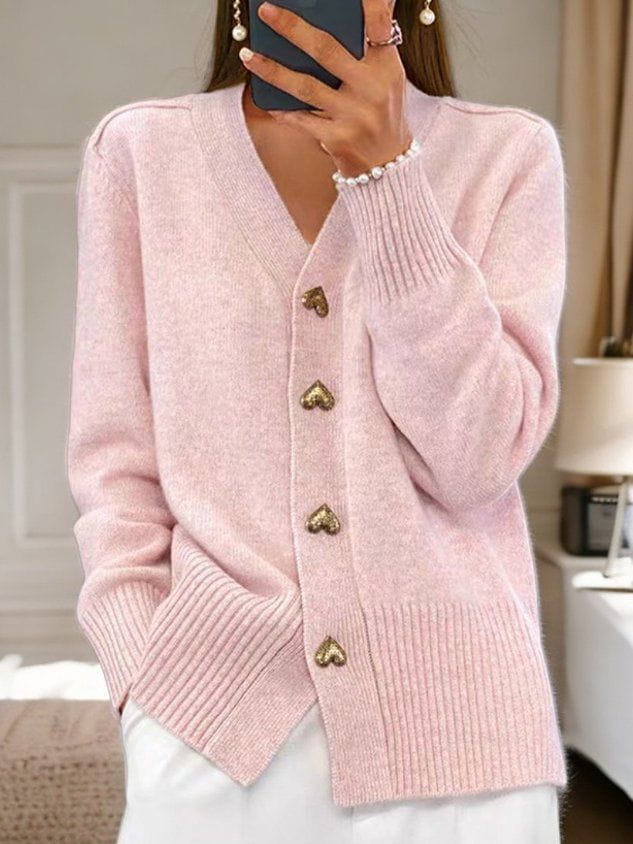Women’s Heart-Button Knit Cardigan – Elegant V-Neck Layer for Everyday Styling