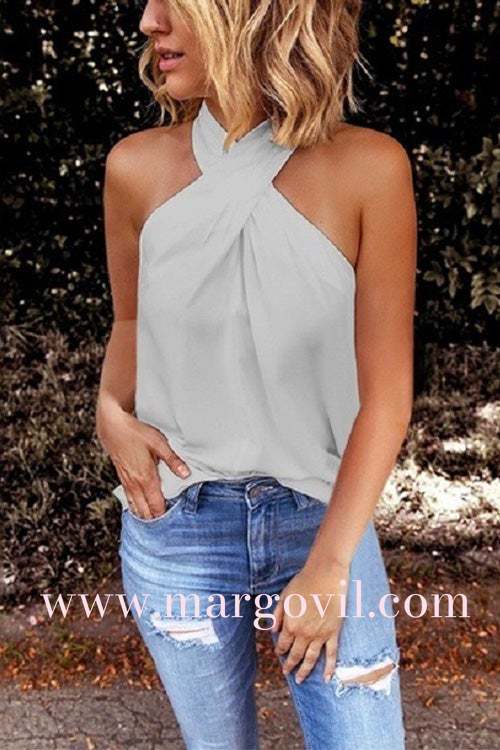 Margovil Criss Cross Halter Solid Sleeveless Top