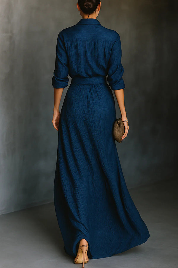 Long Sleeve Shirt Set with Collar and Elegant Solid Color Maxi Pleated Skirt