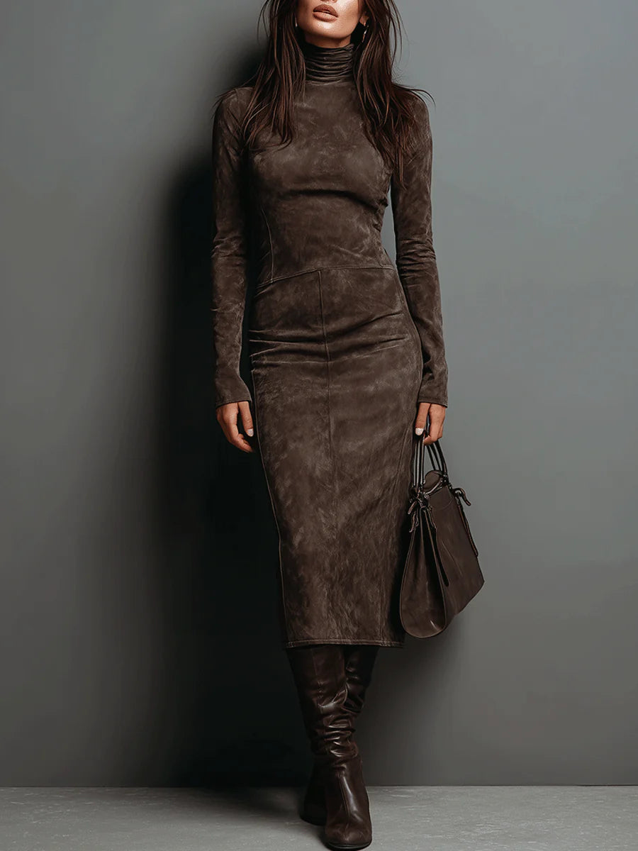 High-Neck Long-Sleeve Midi Dress