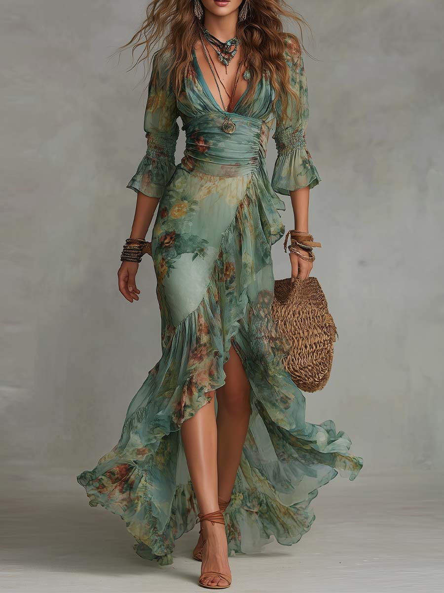Aurora - long floral boho dress with romantic asymmetrical hem