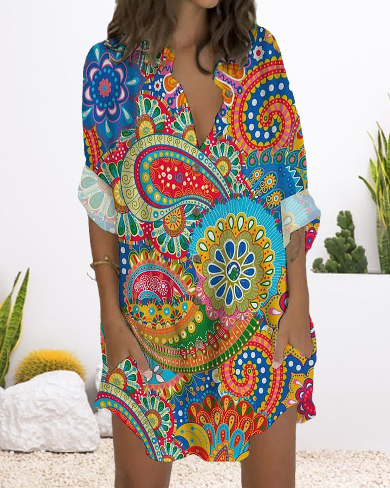 Buttoned Long Sleeve Dress with Pocket