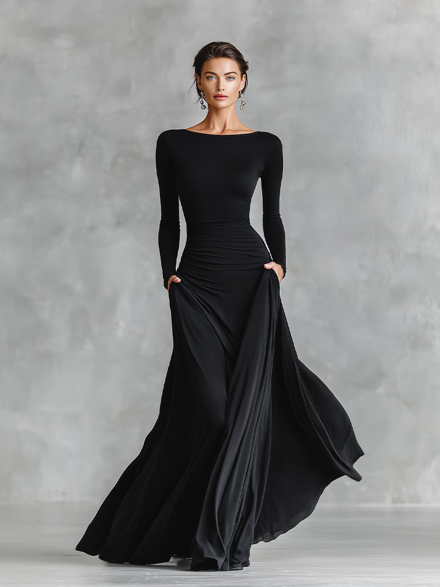 Ruched Boat-Neck Maxi Dress