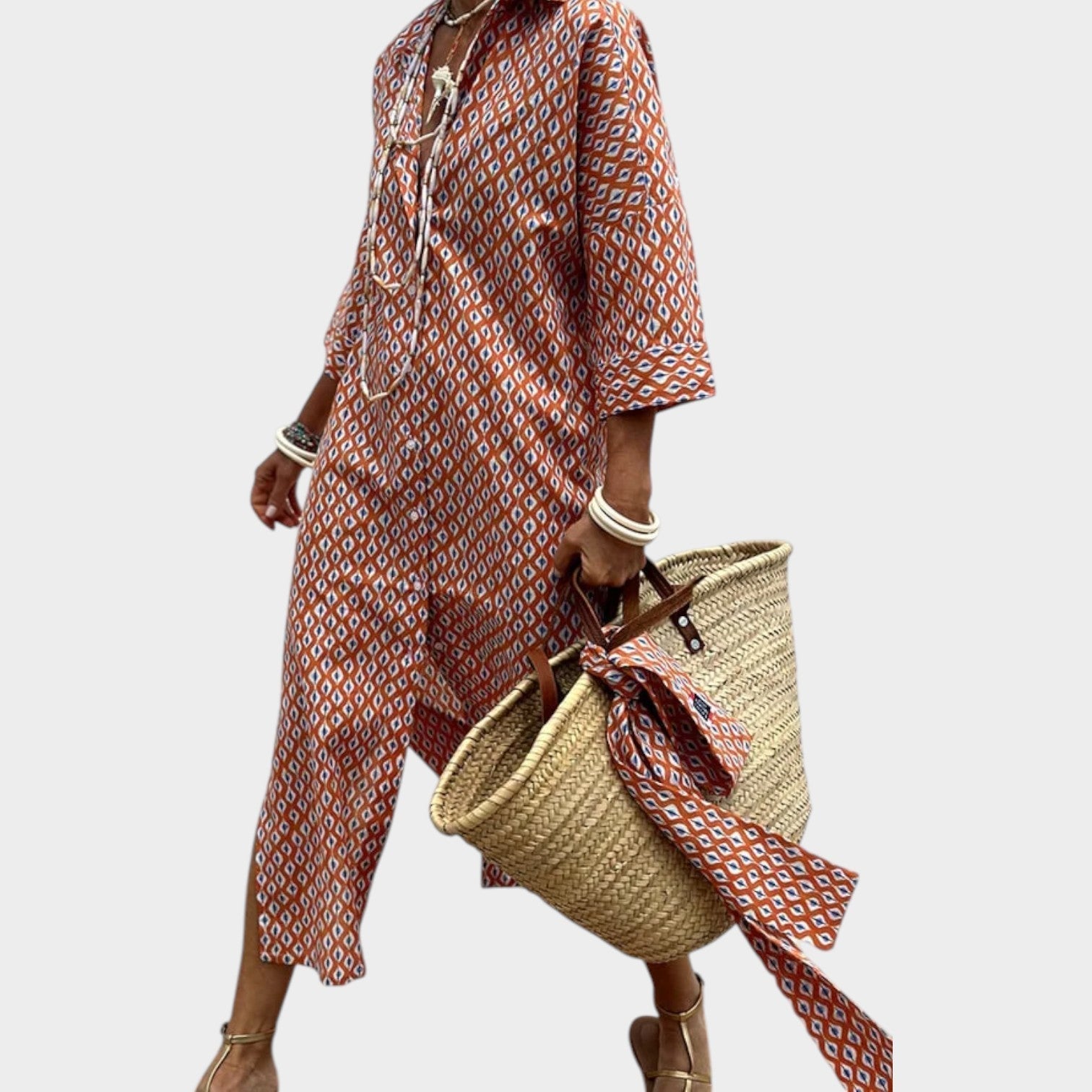 Jasmine | Midi Shirt Dress, Bohemian Geometric Print
