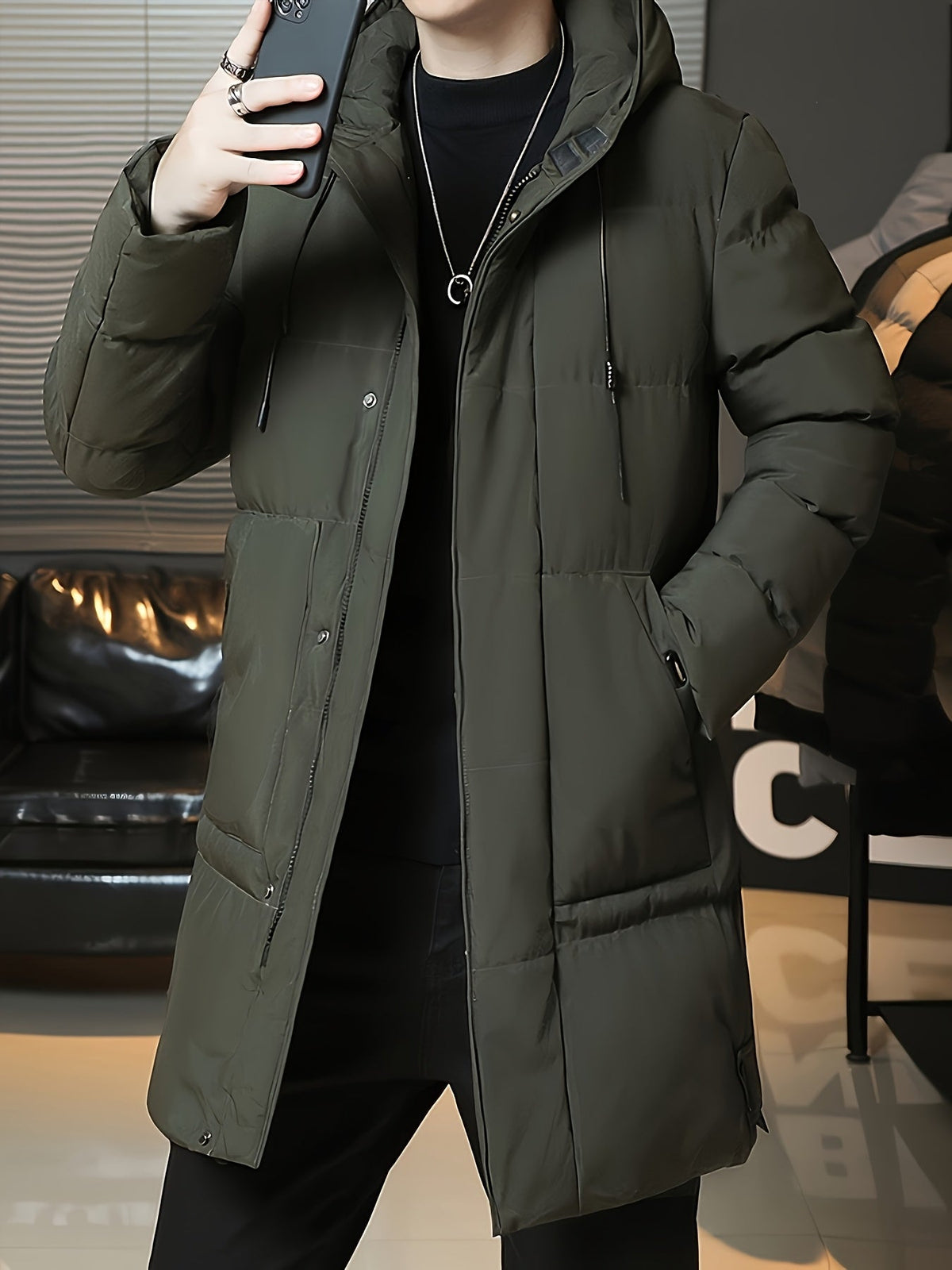 Insulated Longline Hooded Coat with Full-Length Zipper and Adjustable Hood