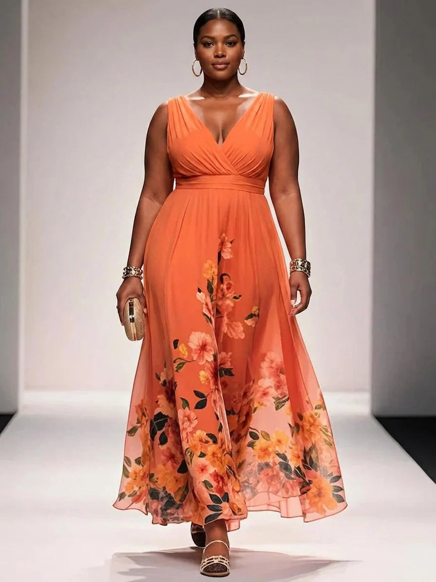 Rose | Light Blue Floral Chiffon V-Neck Maxi Dress