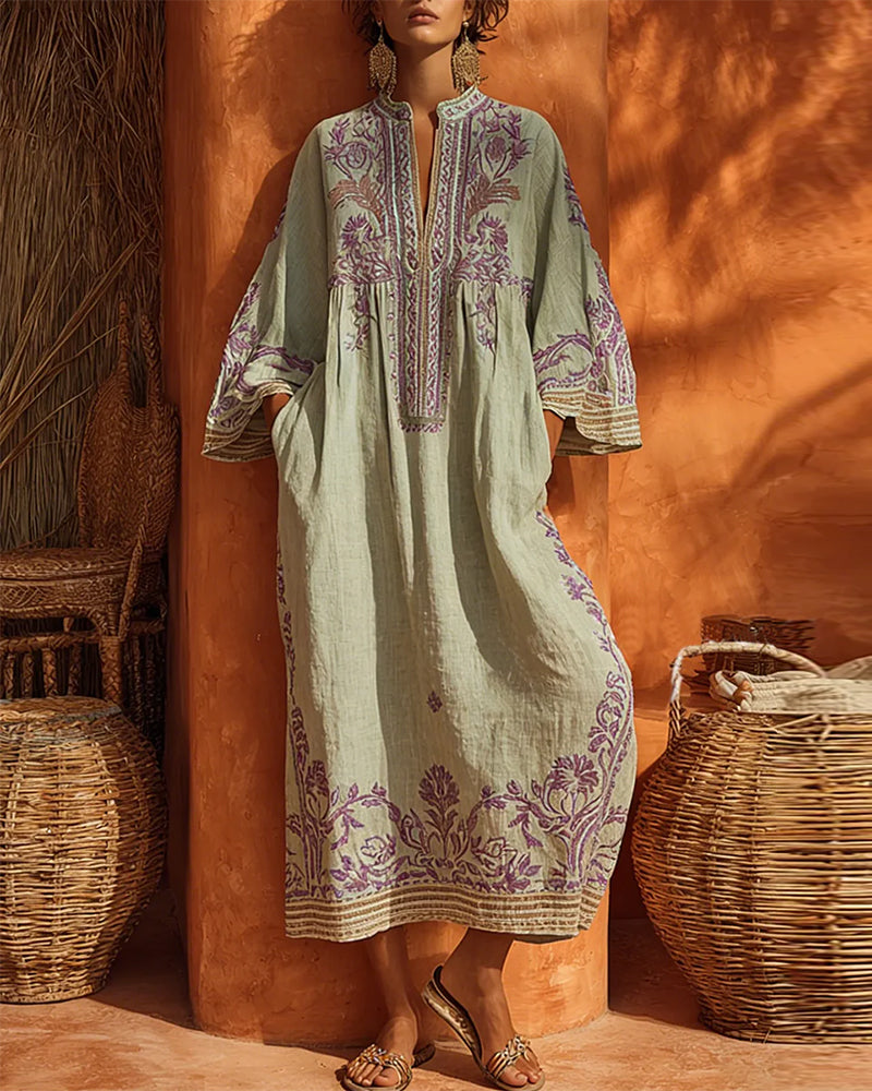 Ethnic Print V-Neck Dress Loose Fit
