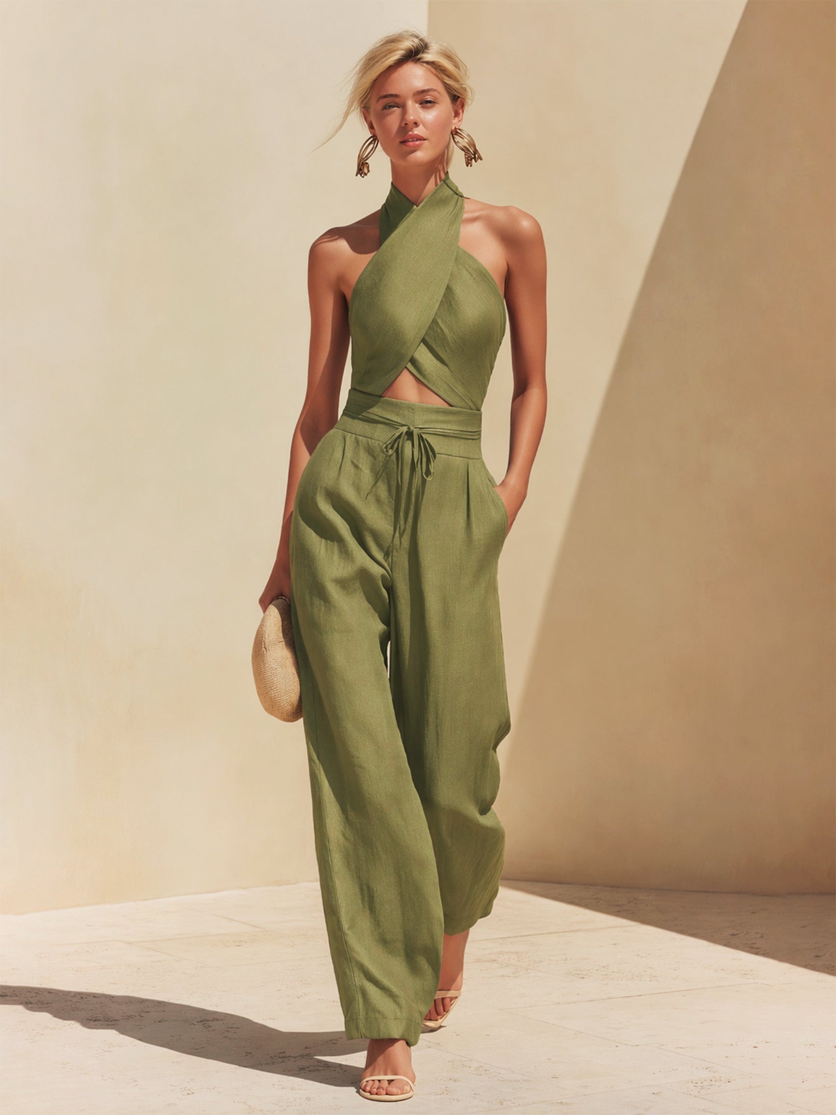 Marisol | Linen-Blend Halter Crop Top & Wide-Leg Pants Set