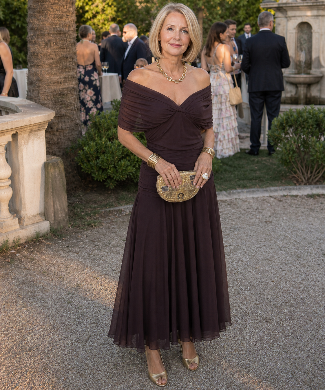 Off-Shoulder Draped Midi Dress