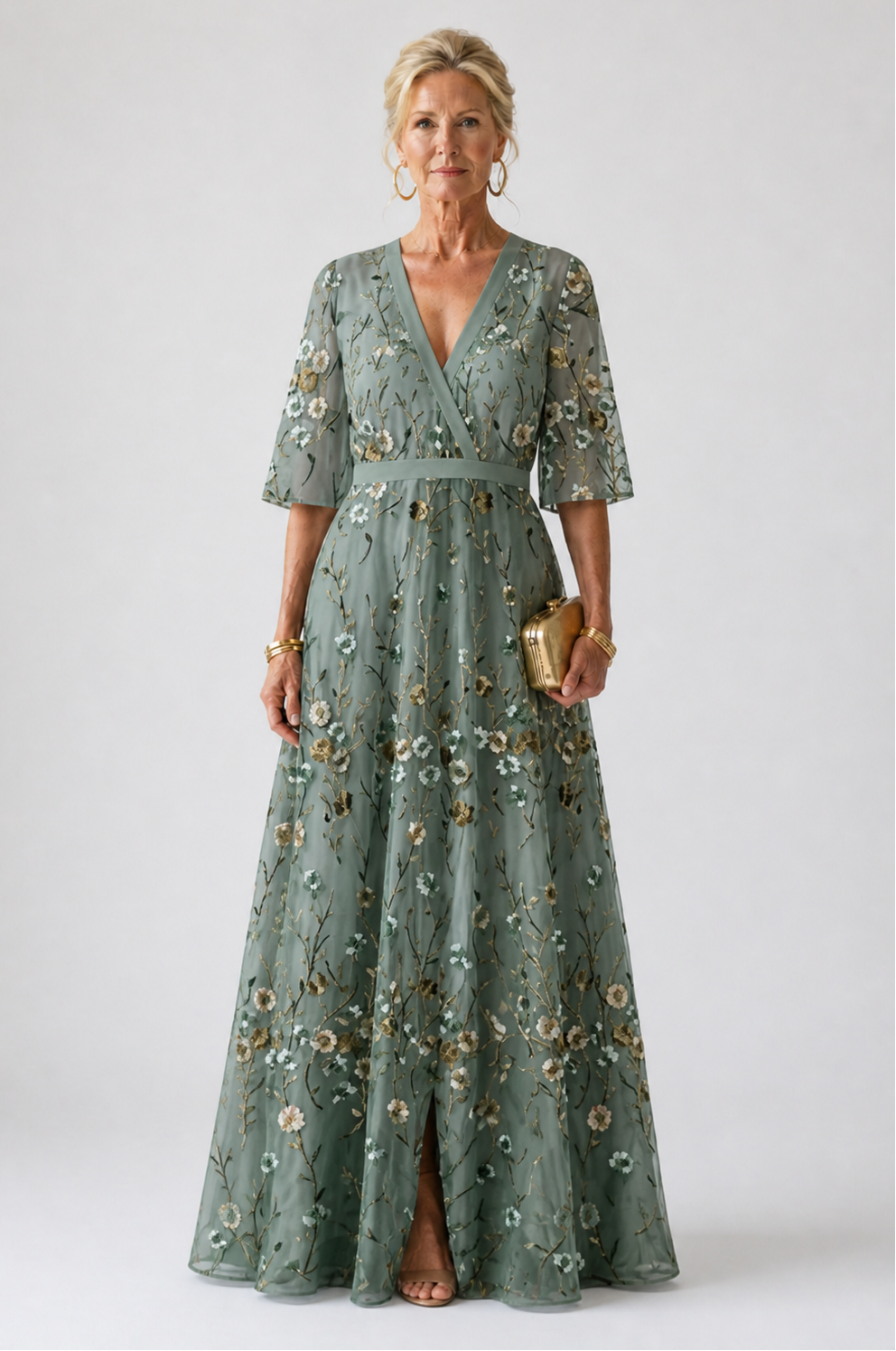 Floral V-Neck Sheer Elbow-Sleeve Maxi Dress