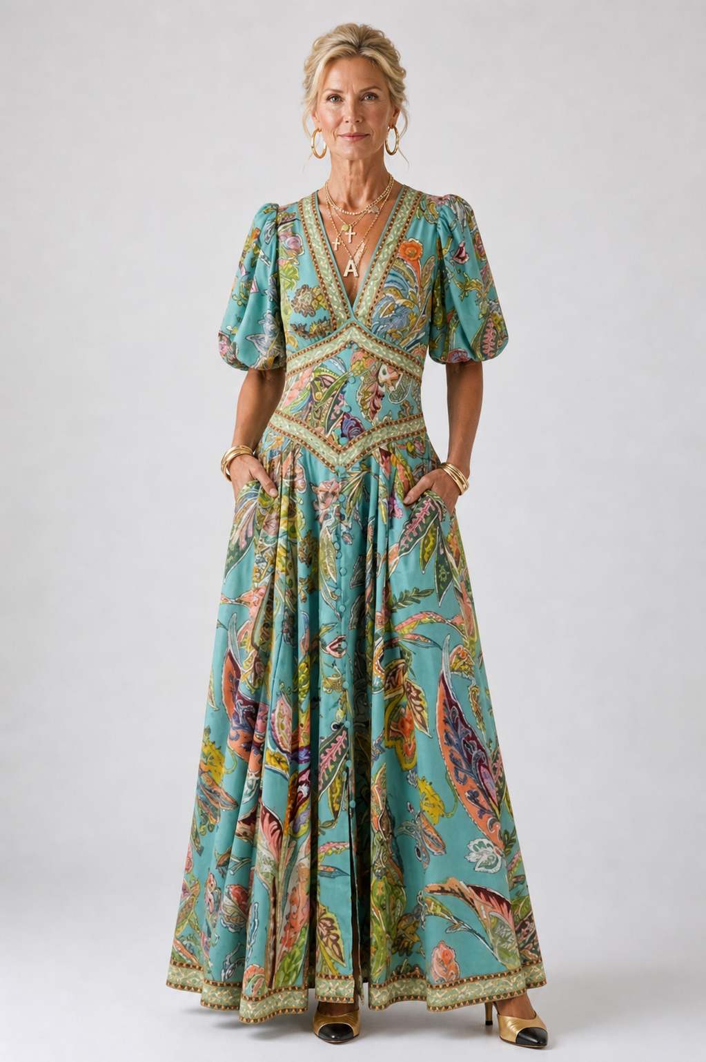 Puff-Sleeve V-Neck Maxi Dress
