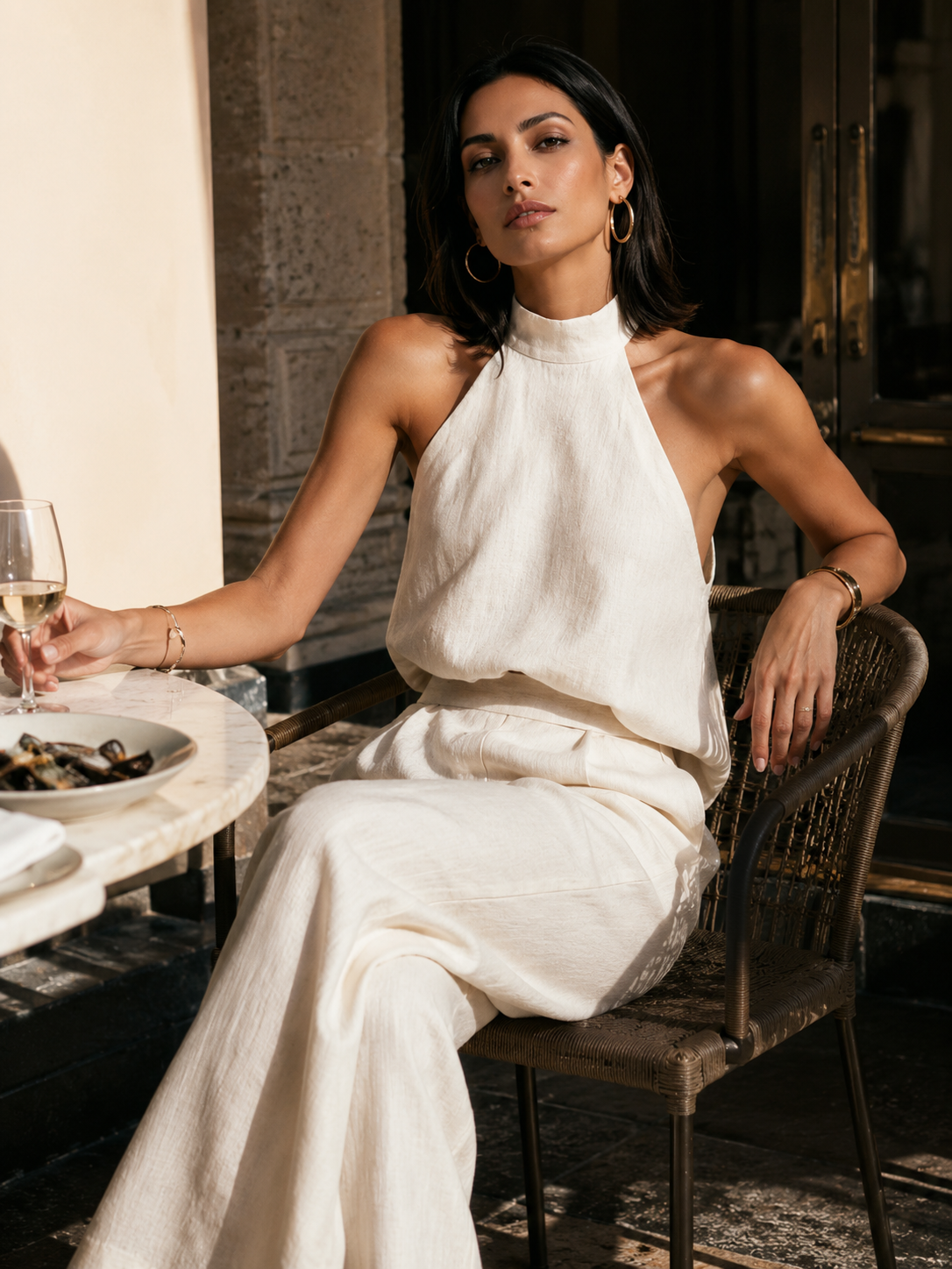 Marisol | Linen-Blend Halter Crop Top & Wide-Leg Pants Set